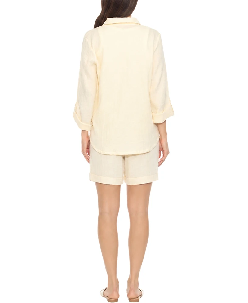 White Mark Women's Gauze Button-Front Shirt Shorts Set