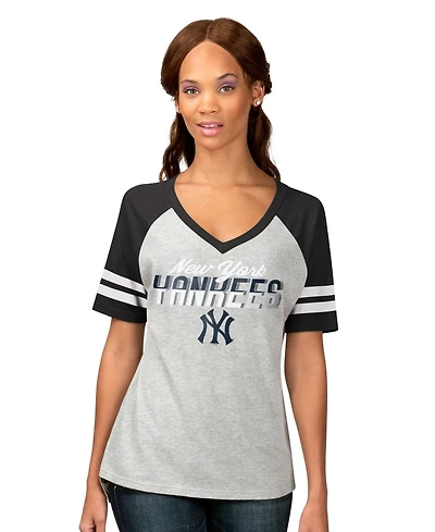 G-iii 4Her By Carl Banks Women's Heather Gray New York Yankees Goal Line Raglan V-Neck T-Shirt