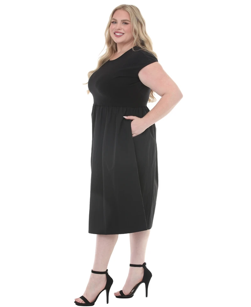 White Mark Plus Ultrasoft Cotton Knit to Woven Midi Dress