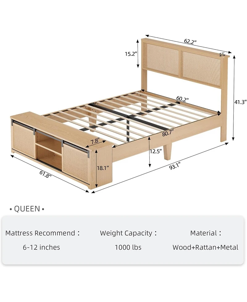 gaomon Rattan Bed Frame, Queen Size Bed Frame with Natural Rattan Headboard and Rgb Led Light