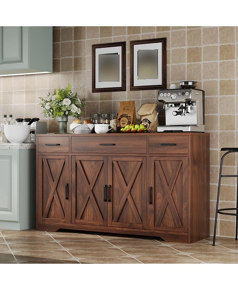 gaomon 55" Sideboard Buffet Cabinet, Wooden Coffee Bar Cabinet with 3 Drawers and Adjustable Shelf, Floor Cupboard for Kitchen, Living Room
