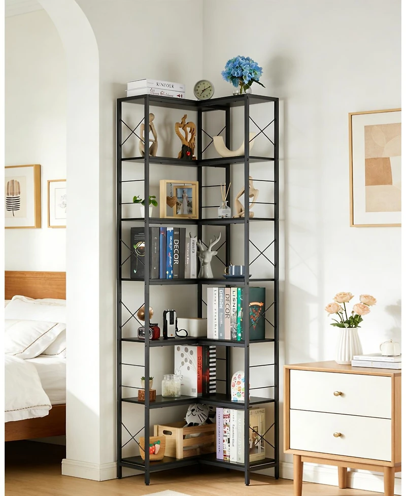 homfan 7-Tier Industrial Corner Bookshelf Freestanding L-Shaped Metal and Wood Bookcase with Adjustable Feet Space-Saving Display Storage Rack