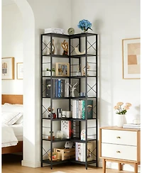homfan 7-Tier Industrial Corner Bookshelf Freestanding L-Shaped Metal and Wood Bookcase with Adjustable Feet Space-Saving Display Storage Rack