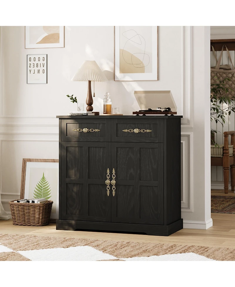 homfan 33.5" Buffet Cabinet with 4 Drawers and Gold Handles Farmhouse Sideboard Coffee Bar, 2-Door Storage for Kitchen, Living Room Dining