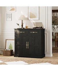 homfan 33.5" Buffet Cabinet with 4 Drawers and Gold Handles Farmhouse Sideboard Coffee Bar, 2-Door Storage for Kitchen, Living Room Dining