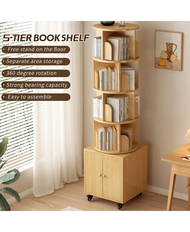sumyeg 360 Degree Rotating Display Cabinet 5 Tier Corner Bookshelf with Drawer