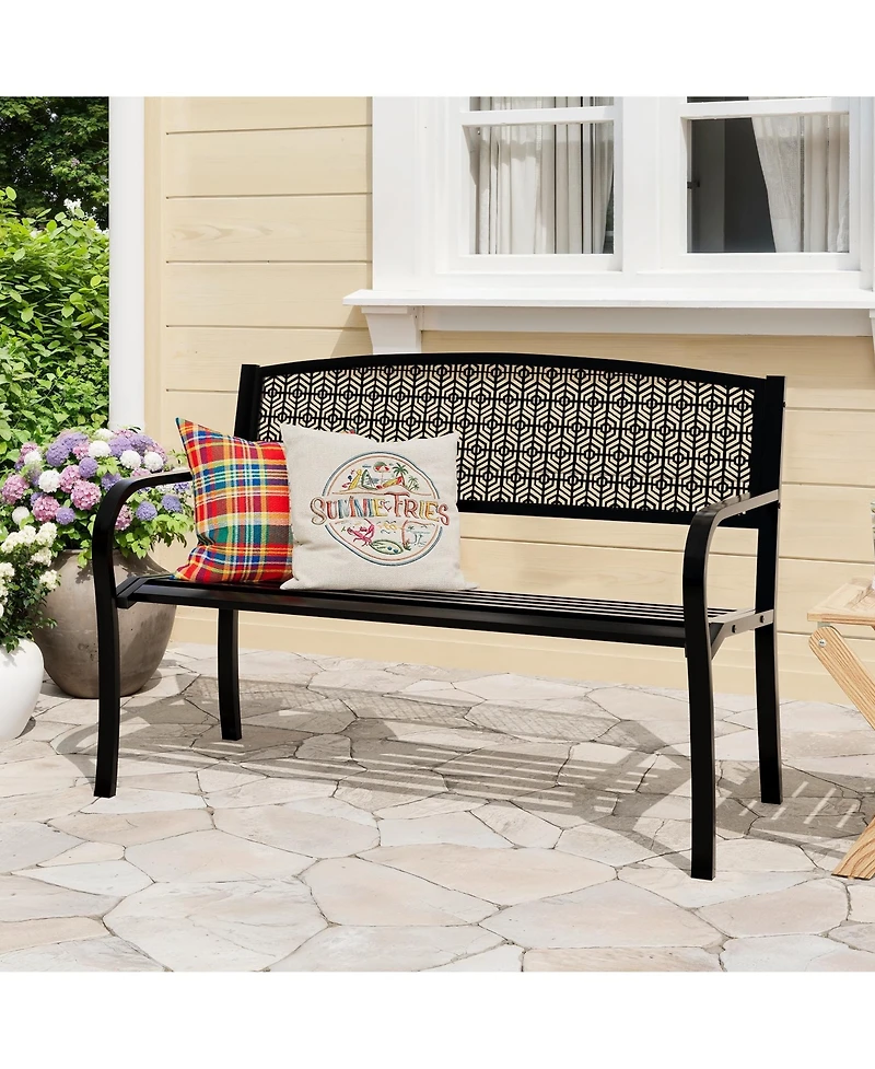 GarveeLife 50" Outdoor Metal Garden Bench, Patio Steel Bench with Curved Backrest, Decorative Pattern, Weather-Resistant Porch for Yard, Park