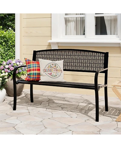GarveeLife 50" Outdoor Metal Garden Bench, Patio Steel Bench with Curved Backrest, Decorative Pattern, Weather-Resistant Porch for Yard, Park