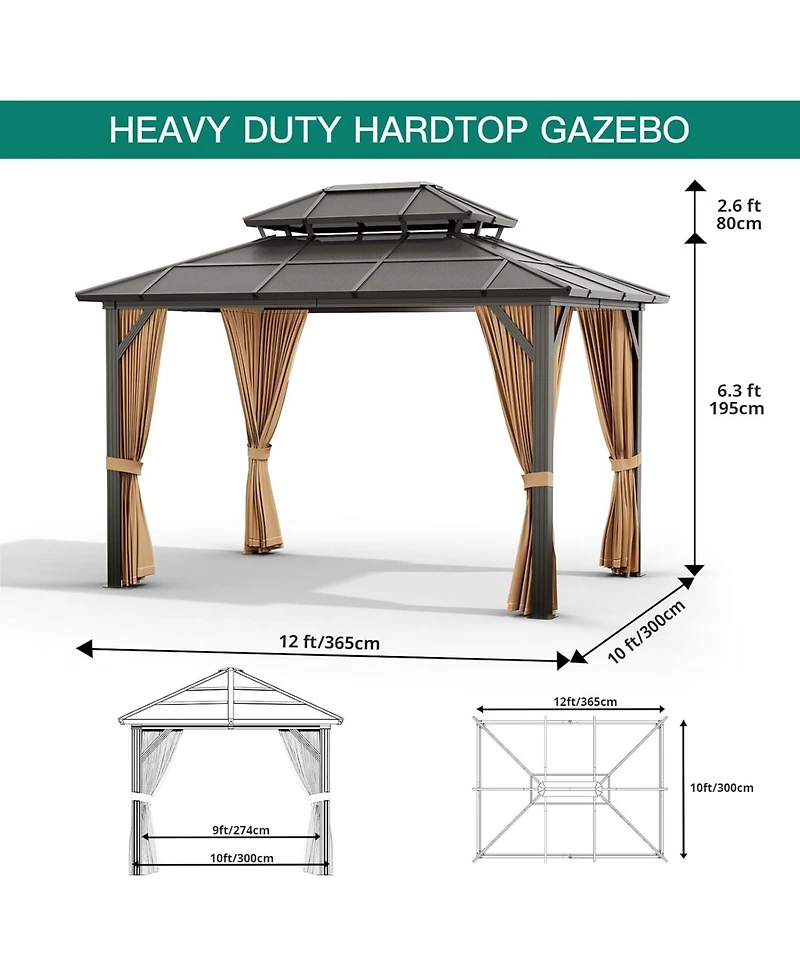 gaomon Hardtop Gazebo, Heavy Duty Aluminum Permanent Outdoor Gazebo with Double Ventilated Roof, Curtains, Netting and Ceiling Hooks