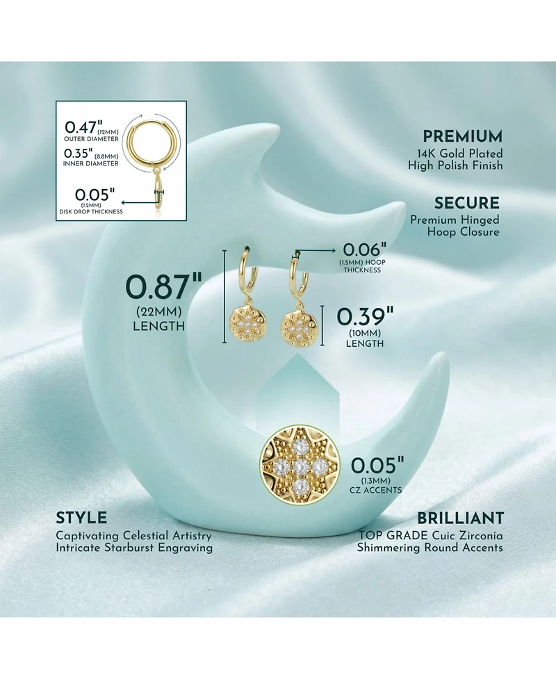 Extra Mini 14k Yellow Gold Plated Round Dangle Earrings with Star Design