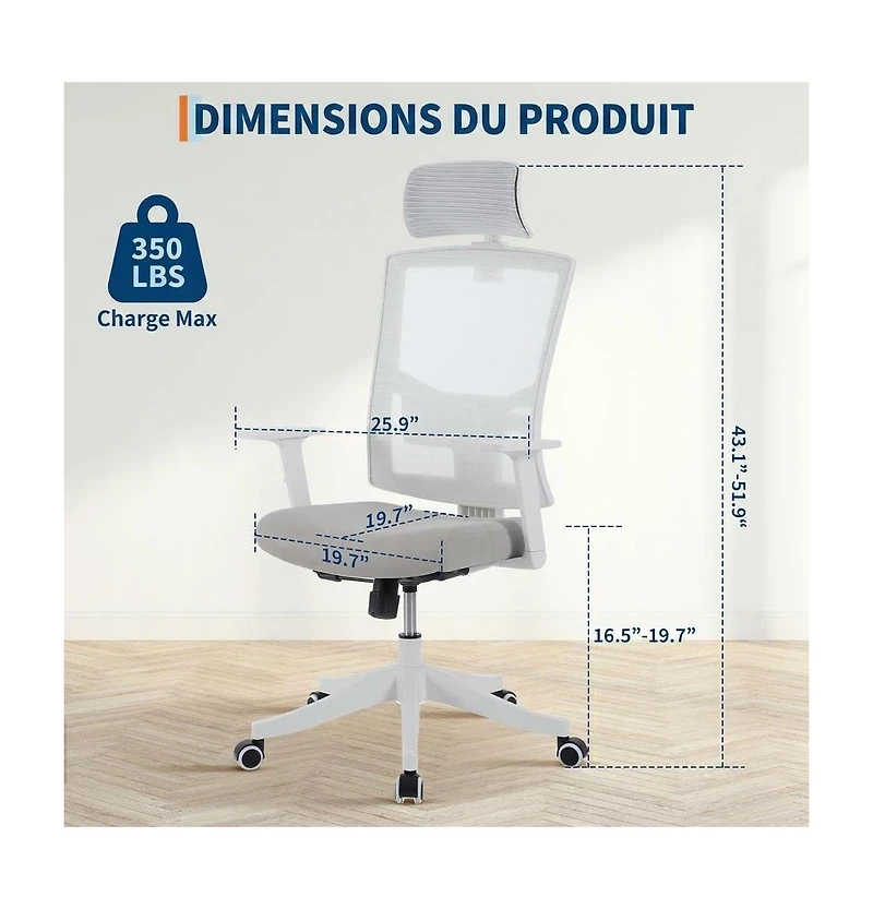 homfan Ergonomic Mesh Office Chair with Lumbar Support, Headrest, Flip-Up Arms, 350lb Capacity