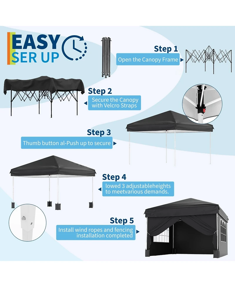 homfan 10x10 Pop Up Canopy with 4 Sidewalls – Waterproof Portable Outdoor Shade Tent Stakes and Carry Bag