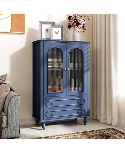 Streamdale Furniture 46.5'' Ribbed Glass Display Cabinet with 2 Drawers