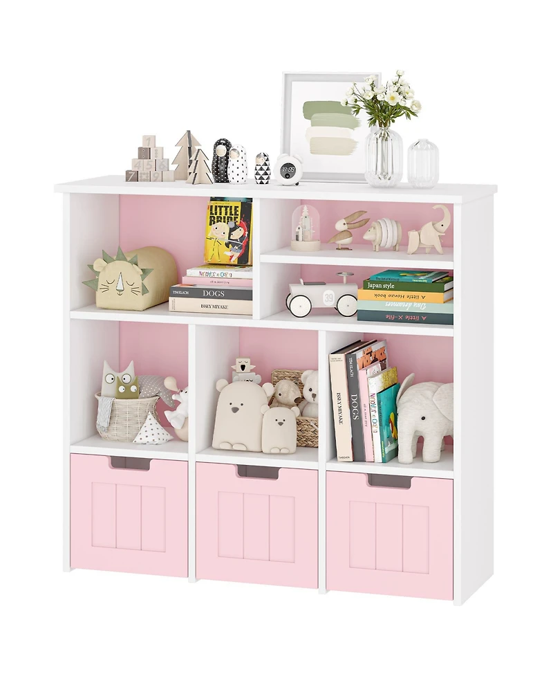 homfan Kids Storage Cabinet with 3 Drawers and 6 Cubes, Bookshelf Toy Organizer with Hidden Wheels, for Bedroom, Playroom and Nursery