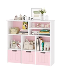 homfan Kids Storage Cabinet with 3 Drawers and 6 Cubes, Bookshelf Toy Organizer with Hidden Wheels, for Bedroom, Playroom and Nursery