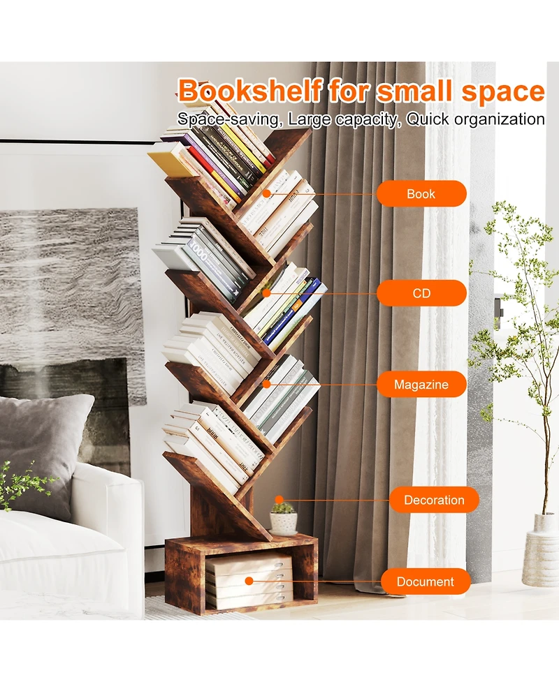homfan 8 Tier Tree Bookshelf, Free Standing Tree Bookcase with Drawer, Utility Book Organizer Shelves for Home Office, Living Room, Bedroom