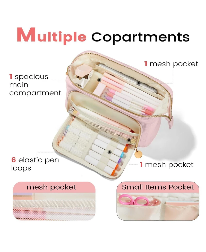 Danrong Large Pencil Case Soft Quilted Bag Wide Opening Multi Compartment School Supplies Storage Organizer Portable Durable Zipper