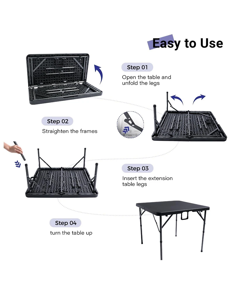Piscifun Square Folding Table Portable Hdpe Plastic Indoor Outdoor Picnic Camping Party Dining Utility Heavy Duty Carrying Handle