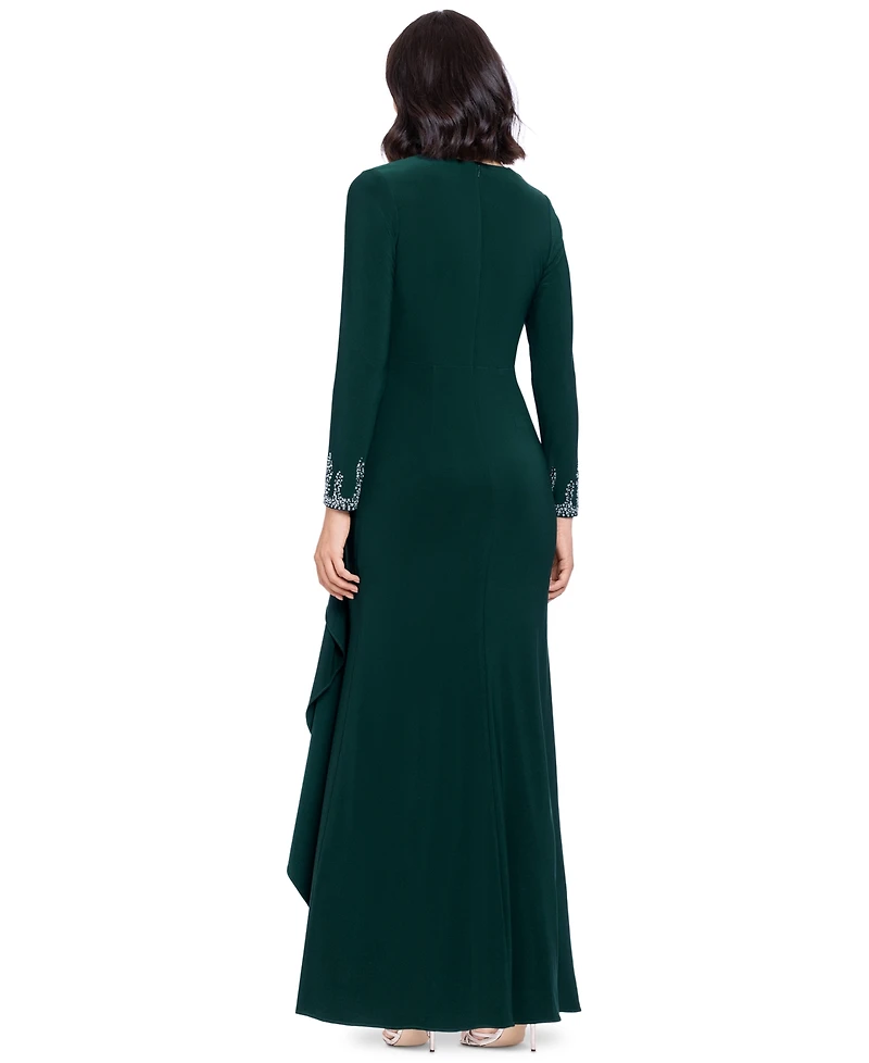 Betsy & Adam Women's Beaded Sleeve Ruched Maxi Dress