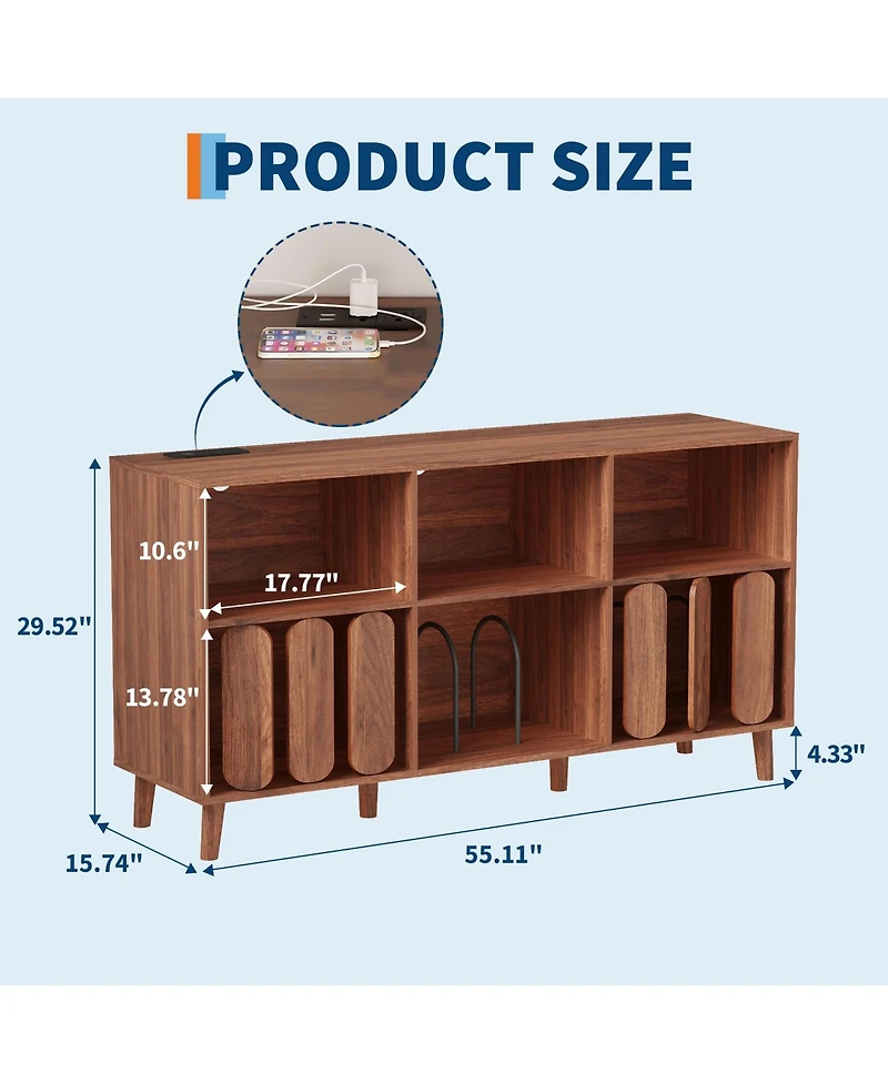 homfan 55.1" Wide Vinyl Record Player Stand with Power Outlets and Usb, Storage Cabinet for 300 Plus Records
