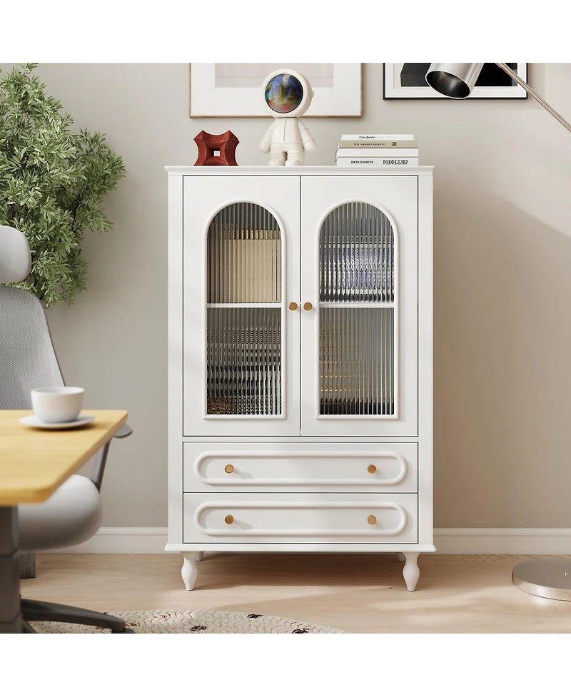 Streamdale Furniture 46.5'' Ribbed Glass Display Cabinet with 2 Drawers and Adjustable Shelf