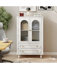 Streamdale Furniture 46.5'' Ribbed Glass Display Cabinet with 2 Drawers and Adjustable Shelf
