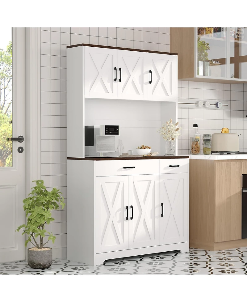 homfan 71-Inch Tall Pantry Cabinet with Built-In Charging Station, Microwave Stand and Drawers,Farmhouse Kitchen Hutch for Dining Room and Living Room