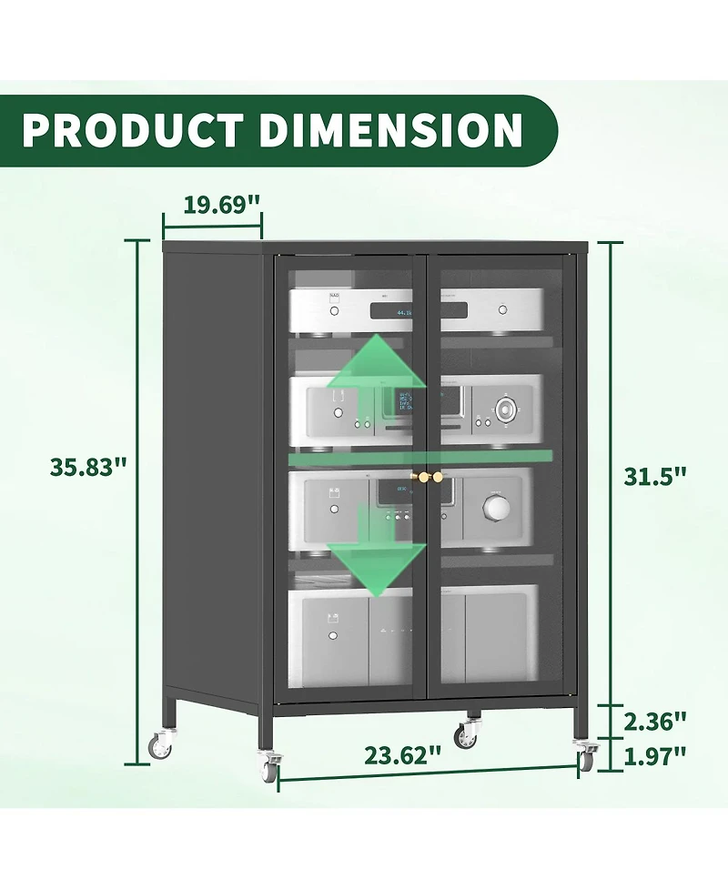 Streamdale Furniture 35.8" Media Storage Cabinet with Wheels and 4 Adjustable Glass Shelves