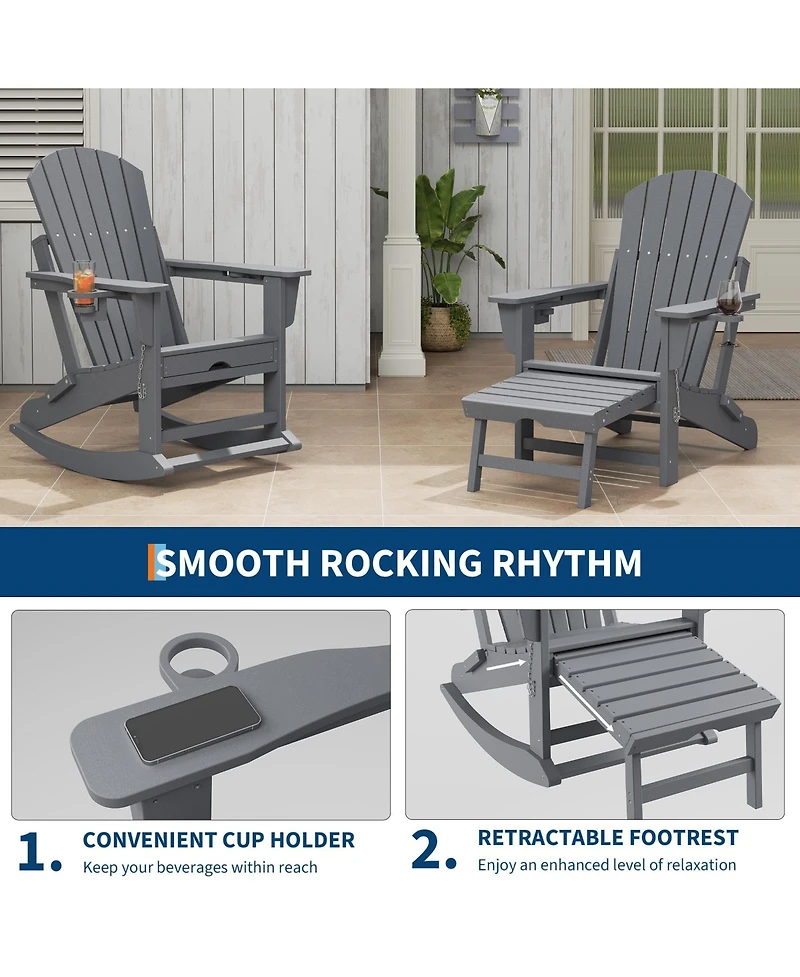 homfan Set of 2 Outdoor Folding Rocking Adirondack Chairs Patio Rocking Chair with Retractable Ottoman Footrest for Garden and Deck