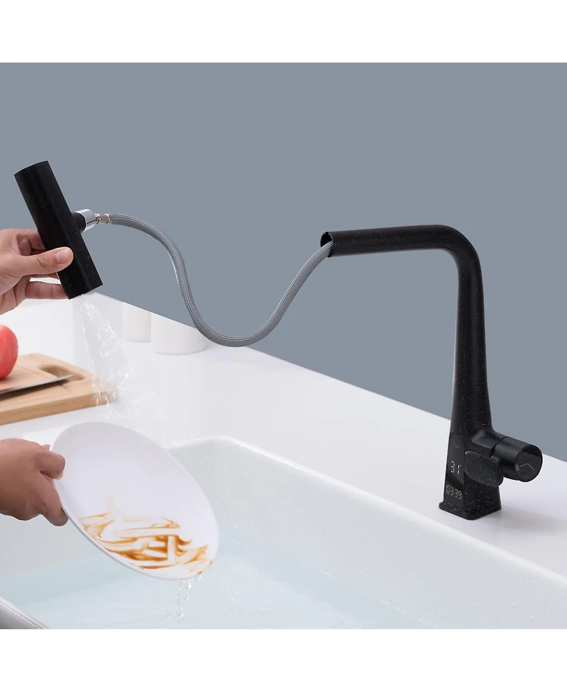 Busdays Matte Waterfall Kitchen Faucet with Temperature Display Single Handle Pull Down Sprayer Modern 3 Water Outlet Modes
