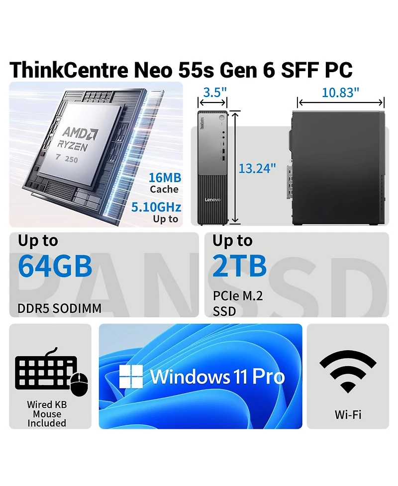 Lenovo ThinkCentre neo–Business Sff Desktop, Amd Ryzen 7 250, Amd Radeon Graphics, 16GB DDR5, 1TB Ssd, Win11 Pro