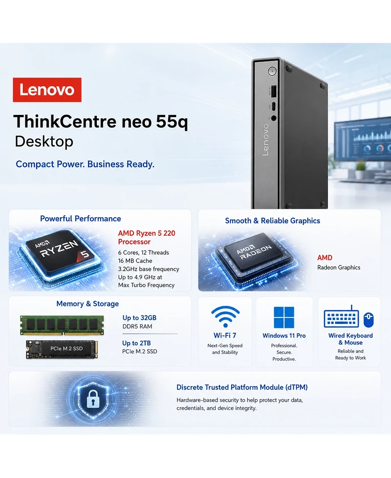 Lenovo ThinkCentre neo Mff Business Desktop, Amd Ryzen 5 220, 16GB DDR5, 1TB Ssd, Windows 11 Pro, Wired KeyboardandMouse