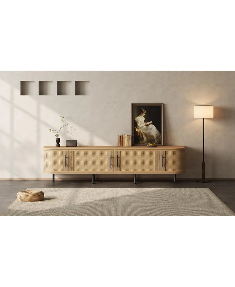 Streamdale Furniture 70" Modern Rattan Tv Stand for TVs up to 80" with Storage and Cable Management