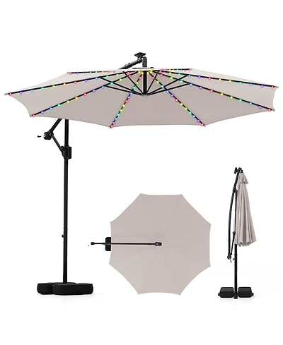 Sugift 10 Feet Solar Offset Hanging Umbrella with Base and Led Lights