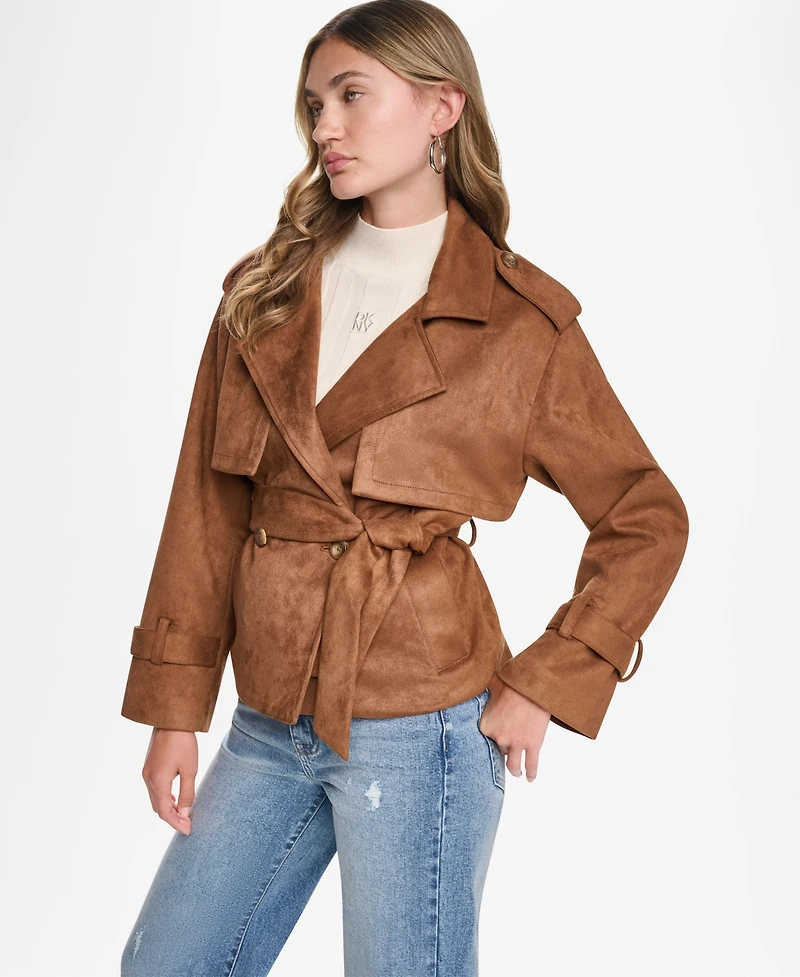 Dkny Jeans Women's Faux Suede Collared Short Trench Jacket