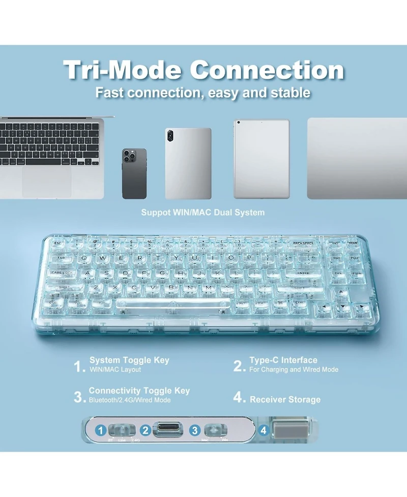 Lamicall X71 68% Transparent Tri-Mode Hot Swap Rgb Mechanical Keyboard
