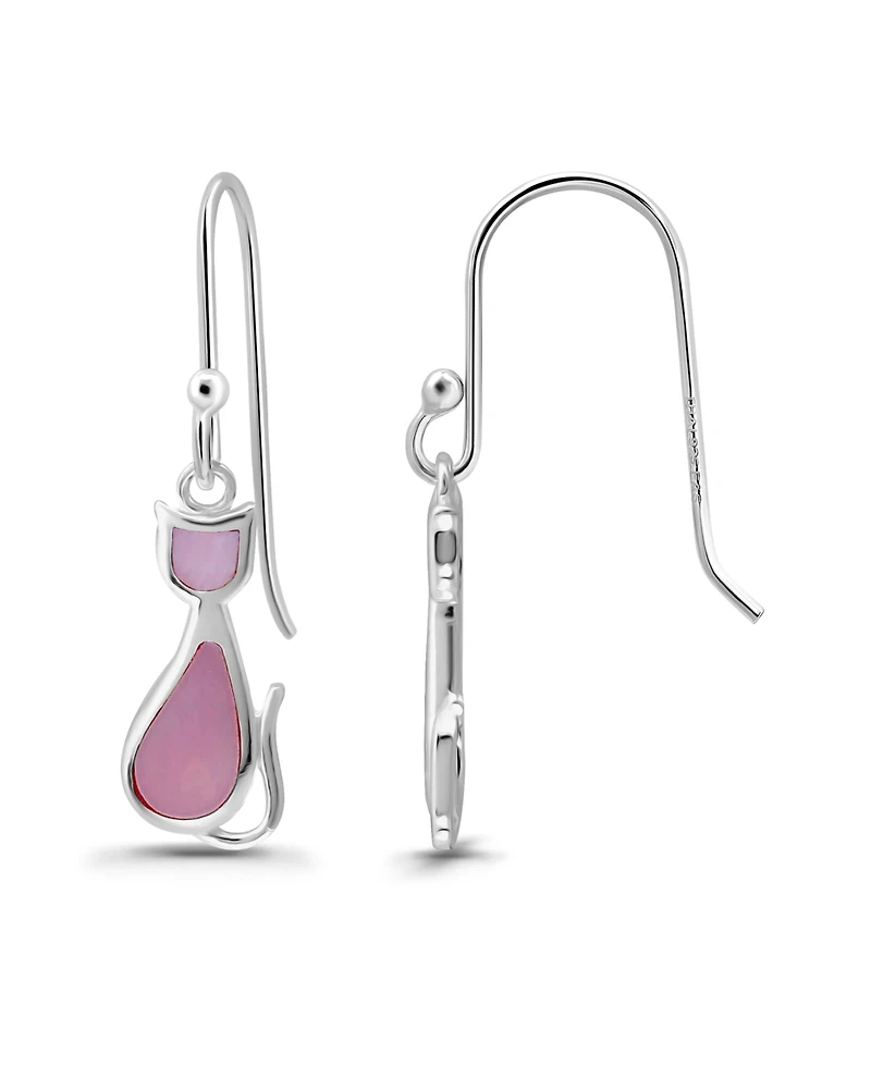 Macy's Pink Shell Inlay Fine Silver-Plated Cat Fishhook Drop Earrings