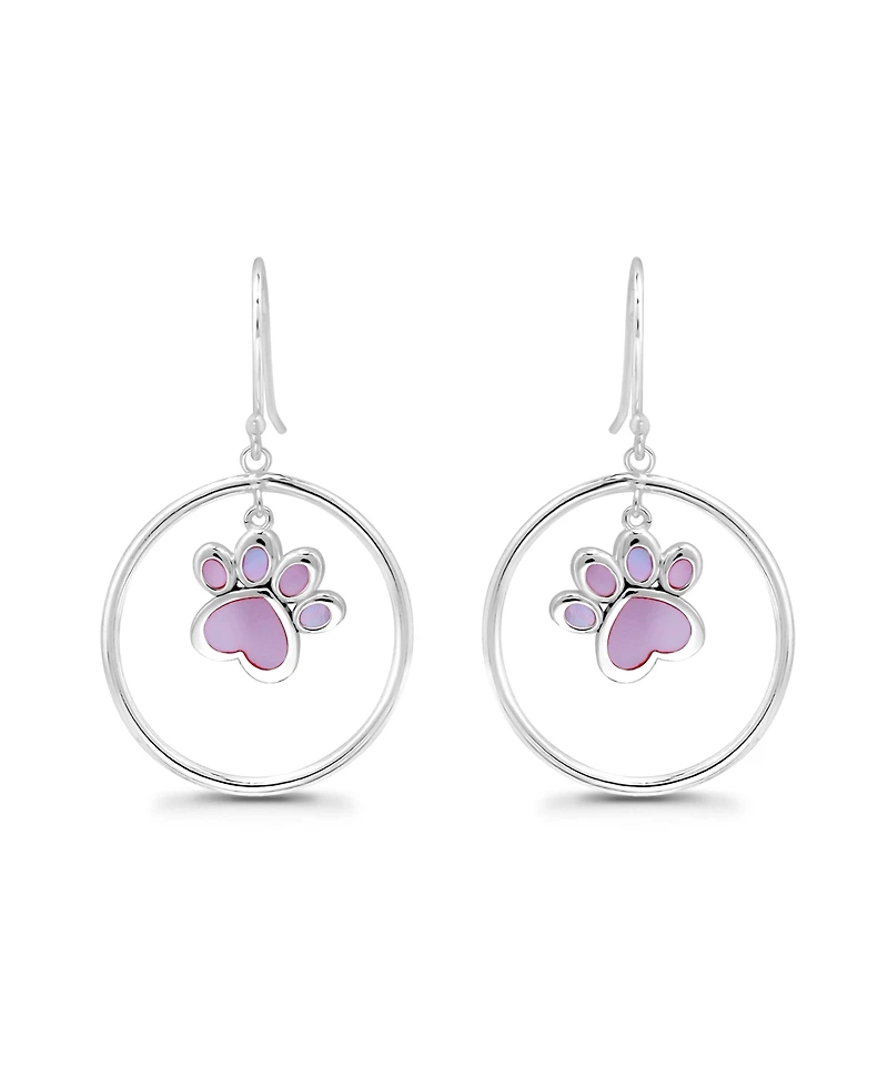 Macy's Pink Shell Inlay Fine Silver-Plated Paw in Open Circle Fishhook Drop Earrings