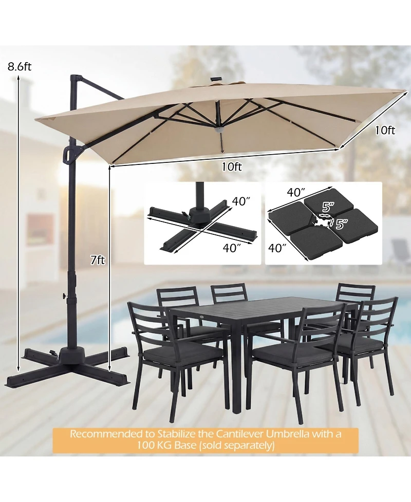 Sugift 10 feet Cantilever Patio Umbrella with Solar Led Lights for Pool and Garden