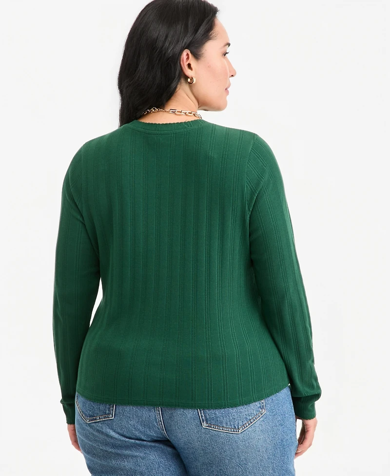 On 34th Plus Size Meet & Greet Pointelle Rib-Knit Jacquard Long-Sleeve Top, Macy's Exclusive