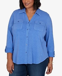 Ruby Rd. Plus Rib Trim Button Front Knit Top