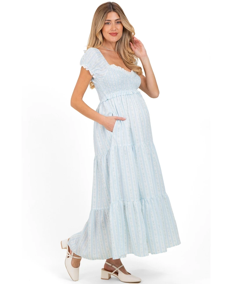 Pinkblush Women's Light Blue Floral Lace Trim Tiered Maxi Dress