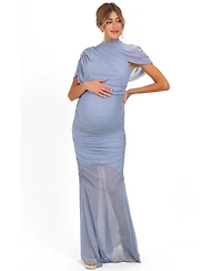 Pinkblush Women's Blue Draped Bodice Ruched Mesh Maxi Dress