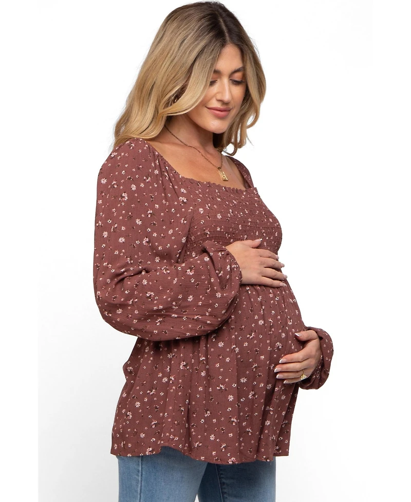 Pinkblush Women's Brown Floral Smocked Long Sleeve Top
