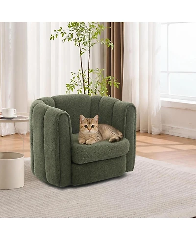 homfan 360degree(s) Swivel Barrel Chair, Mid-Century Modern Teddy Fleece Accent Chair with Striped Backrest for Living Room, Bedroom, Office