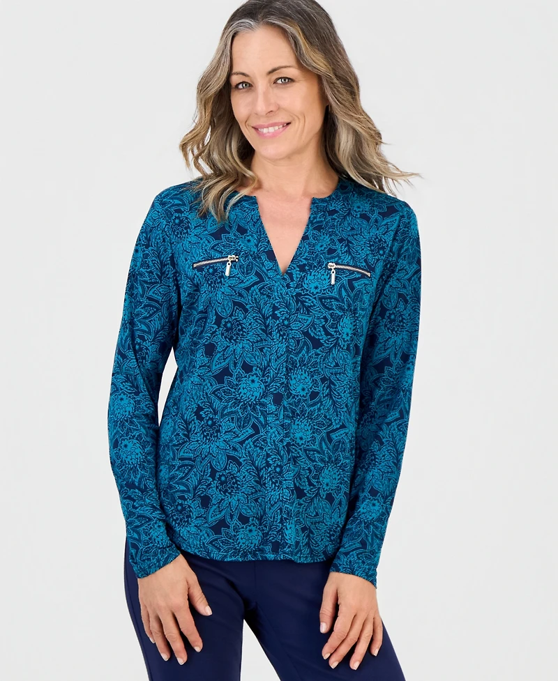 Jm Collection Petite Floral-Print 3/4-Sleeve V-Neck Blouse, Macy's Exclusive