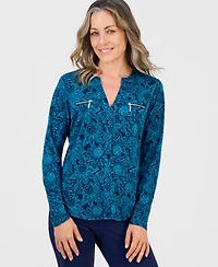 Jm Collection Petite Floral-Print 3/4-Sleeve V-Neck Blouse, Macy's Exclusive