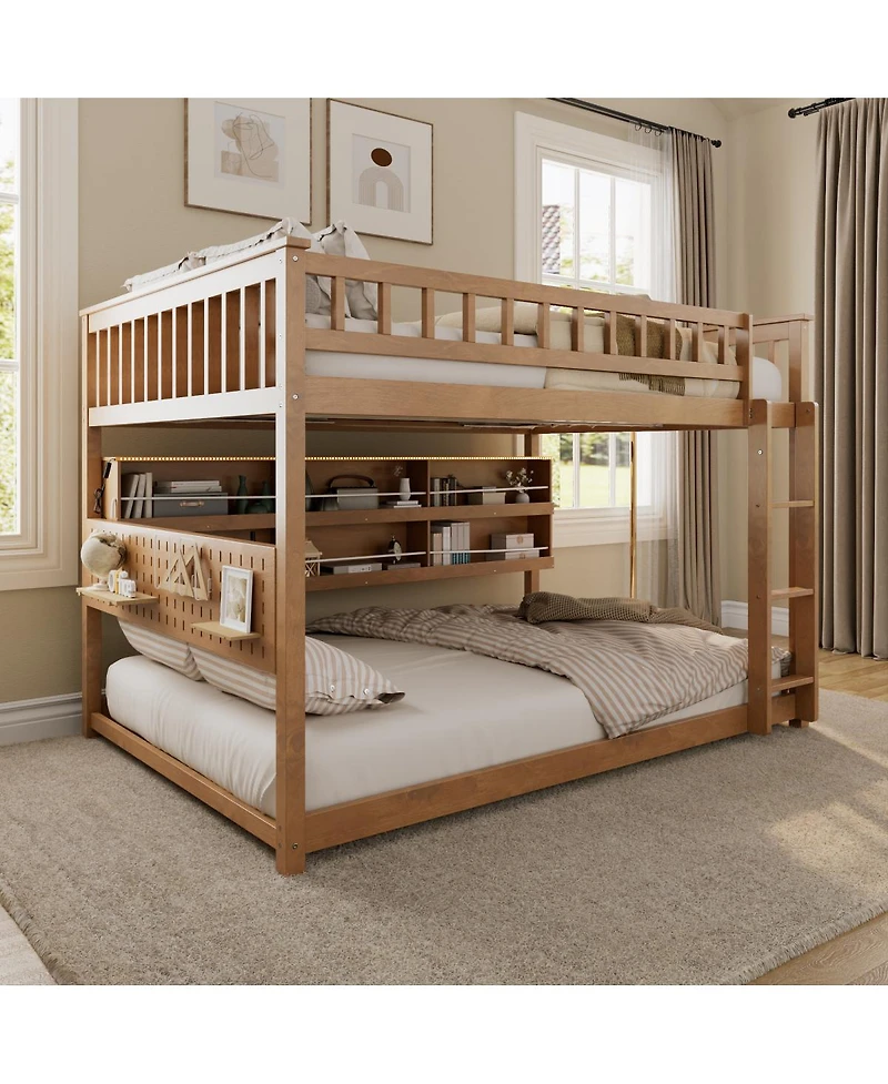 Streamdale Furniture Full over Full Bunk Bed with Shelving, Led Lights, and Pegboard