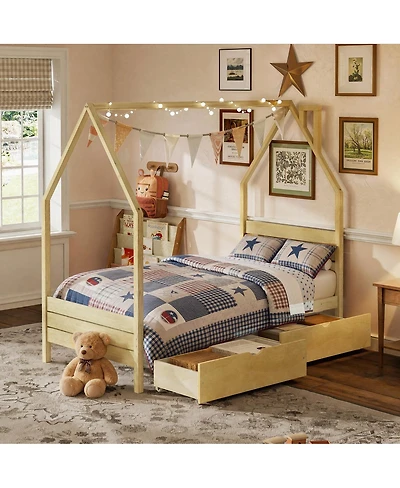 Streamdale Furniture Montessori Twin House Bed Frame with 2 Storage Drawers, Natural Wood
