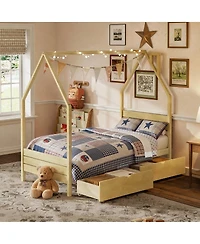 Streamdale Furniture Montessori Twin House Bed Frame with 2 Storage Drawers, Natural Wood